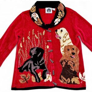 Storybook Knits HSN Embroidered Dogs Sweater Chenille Womens Size Large Red